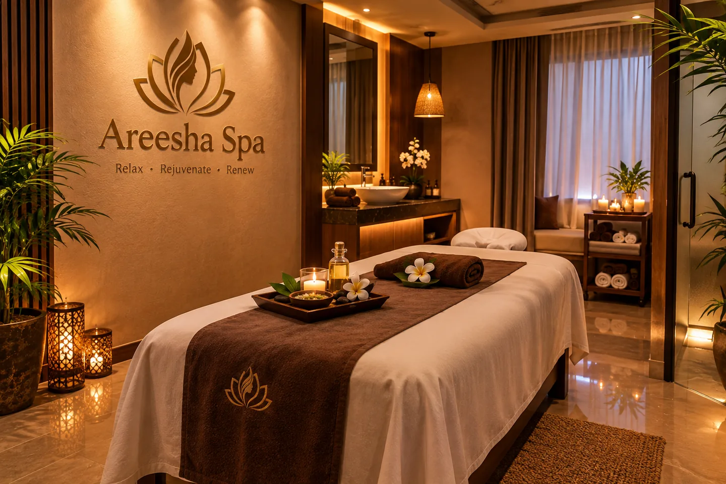A calm treatment suite ready for a massage experience