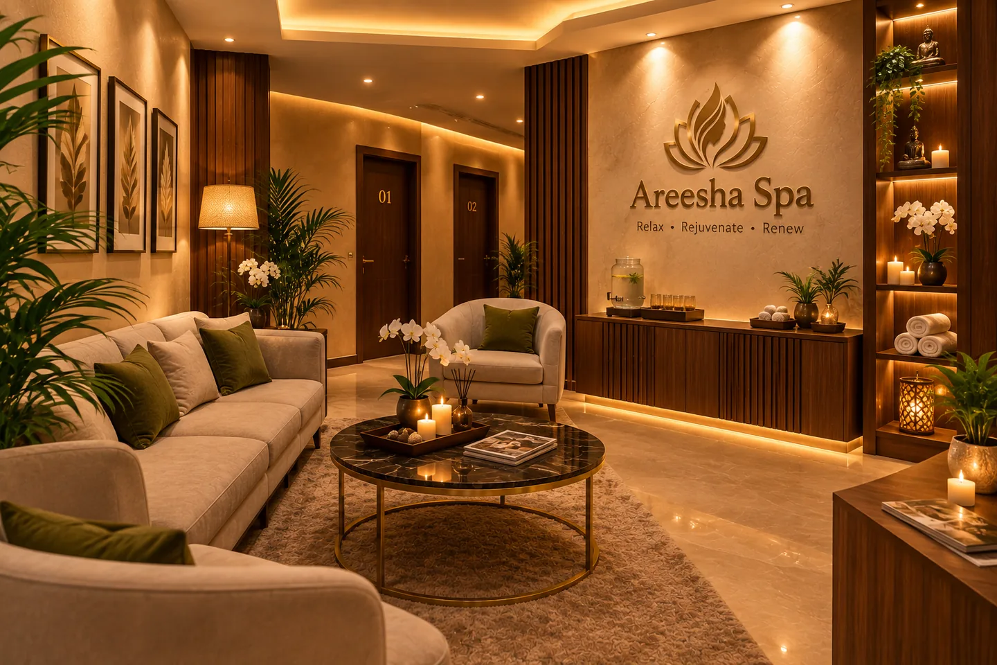 A private spa room with warm ambient lighting