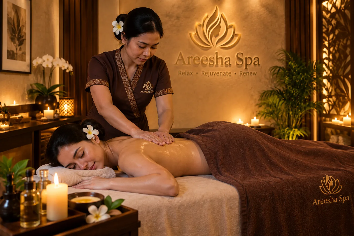 A softly lit spa treatment room prepared for a massage