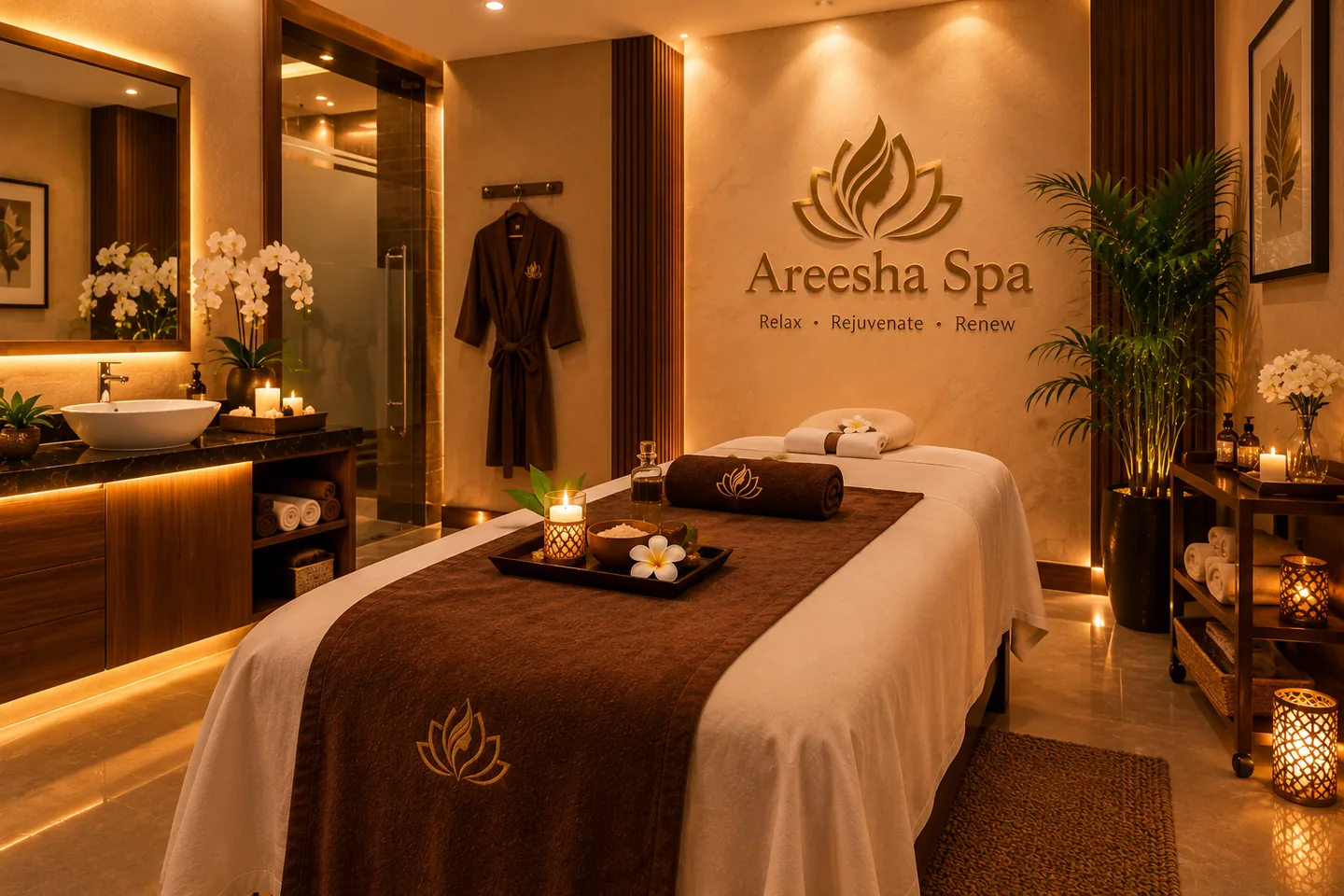 A thoughtfully prepared massage room with soft ambient light