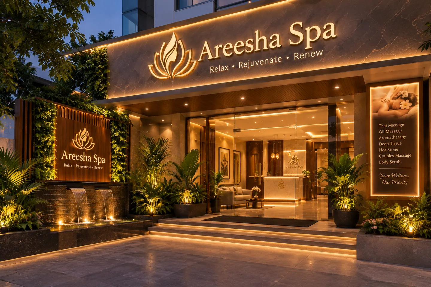 A spa entrance with a softly illuminated sign and a plant-lined doorway